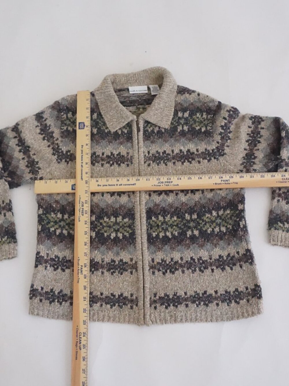 Vintage Croft & Barrow Beige Fair Isle Nordic Zip 100% Wool Knit Cardigan M - Picture 3 of 9